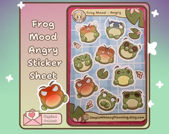 Emoji Stickers | Angry Frog Sticker Sheet | Mad Mood Frog Stickers for Journals, Planners, Scrapbooking | Stressed, Annoyed, Enraged Frogs