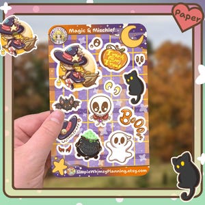 Cute Witchy Halloween Sticker Sheet – Matte Paper Stickers for Planners, Journals and Scrapbooks – Cute Spooky Cat, Ghosts, witches and more