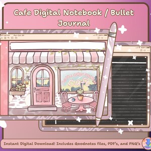 Puede incluir: Un cuaderno digital o bullet journal con temática de cafetería. La imagen muestra una fachada de cafetería rosa y blanca con una ventana que dice "La felicidad es una taza de café caliente". El cuaderno es un archivo digital que se puede usar con Goodnotes, PDF's y PNG's.