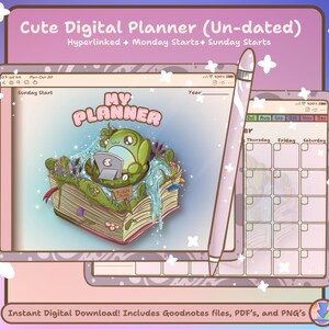 May include: A digital planner with a cute frog illustration on the cover. The planner is designed to be used with Goodnotes and includes a weekly calendar view with Sunday start. The text "My Planner" is displayed on the cover.
