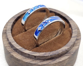 925 Sterling Silver Couple Rings • Blue Zircon Planet Matching Rings • Dainty Couple Ring Set • Best Friend Rings • Promise Ring for Her