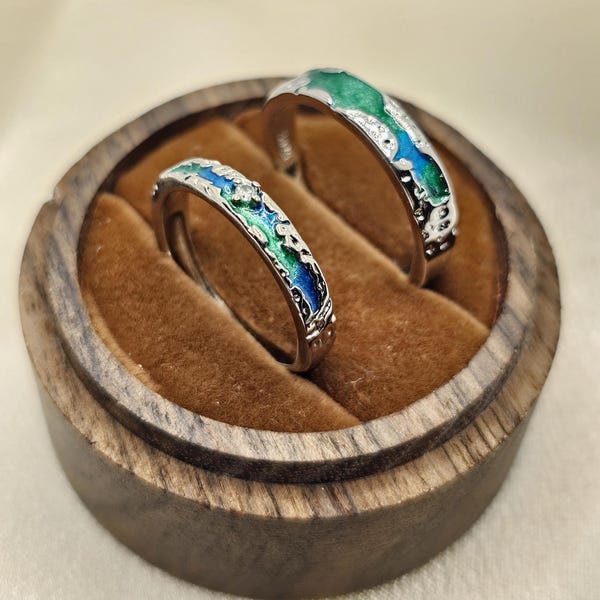 Personalisierte Splitter Initialen Paar Ringe, passende Ringe, Versprechen Ringe Fluss Schmuckset, Fern Sein Her Passender Ring