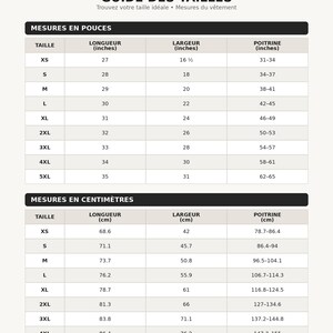 May include: A size guide chart titled GUIDE DES TAILLES featuring two tables. The top table lists measurements in inches for sizes XS through 5XL, including length, width, and chest. The bottom table provides the same data in centimeters.
