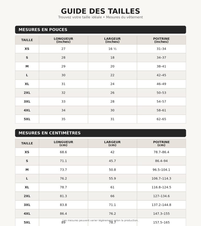 May include: A size guide chart titled GUIDE DES TAILLES featuring two tables. The top table lists measurements in inches for sizes XS through 5XL, including length, width, and chest. The bottom table provides the same data in centimeters.