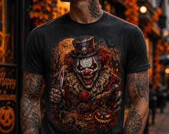 May include: A charcoal grey short-sleeve t-shirt featuring a detailed graphic print of a menacing clown wearing a top hat with a skull, holding a knife, and surrounded by glowing jack-o'-lanterns, bare trees, and a full moon in a dark setting.