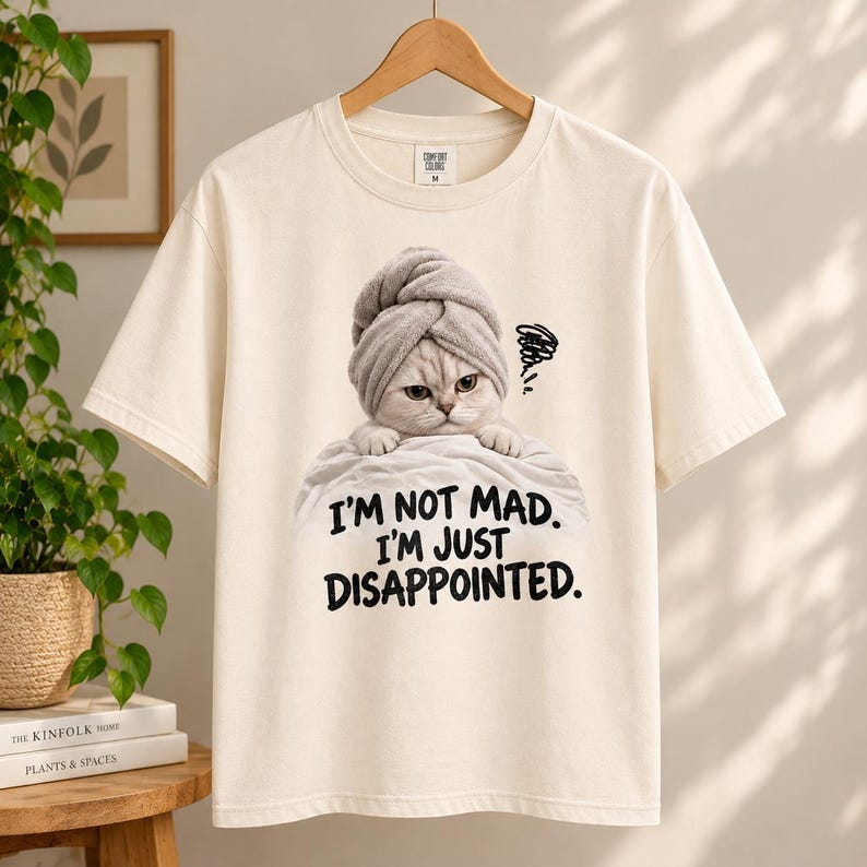 May include: A cream-colored short-sleeve t-shirt featuring a graphic of a cat wearing a gray towel on its head. Below the cat, the text reads, "I'M NOT MAD. I'M JUST DISAPPOINTED." The shirt has a crew neckline and is displayed on a wooden hanger.