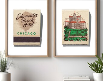 Vintage Matchbook Photographs | Set of Prints | Edgewater Beach Hotel Chicago | Home Decor | Unframed Chicago Wall Art