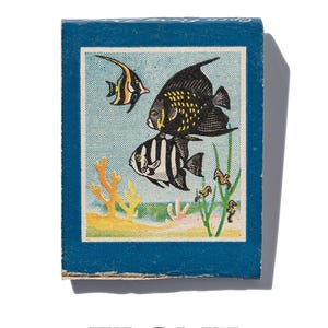 Peut inclure: Une bo&icirc;te d'allumettes vintage avec un fond bleu et une illustration color&eacute;e de trois poissons nageant dans un r&eacute;cif corallien. Les poissons sont noirs, blancs et orange avec des accents jaunes. La bo&icirc;te d'allumettes a un aspect vintage us&eacute;.