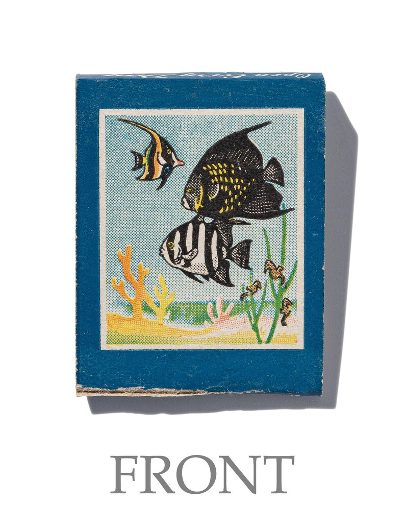 Peut inclure: Une bo&icirc;te d'allumettes vintage avec un fond bleu et une illustration color&eacute;e de trois poissons nageant dans un r&eacute;cif corallien. Les poissons sont noirs, blancs et orange avec des accents jaunes. La bo&icirc;te d'allumettes a un aspect vintage us&eacute;.
