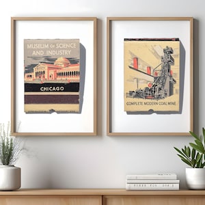 Charming Retro Matchbook Art - Museum of Science and Industry, Chicago - Set of 2 Prints | Home Decor | Unframed Wall Art