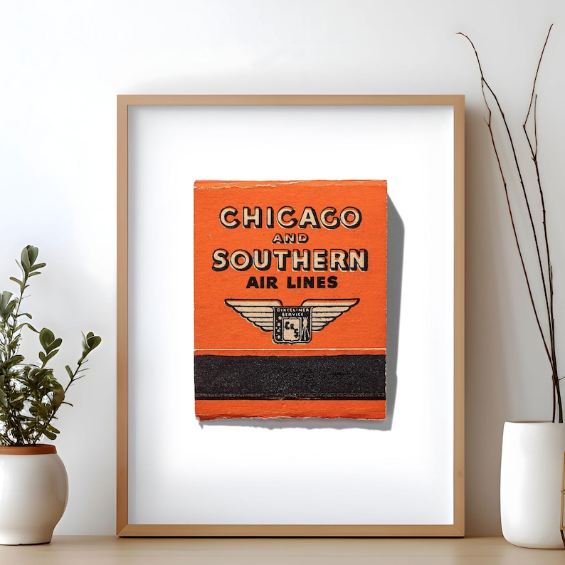 Quirky Orange Matchbook Art | Set of Prints | Chicago Airlines | Home Decor Wall Art image 1