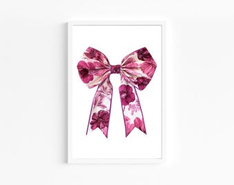 Arte de pared con chinoiserie rosa, arte de pared con lazo rosa, impresión para guardería, cinta de moda para habitación de niña imprimible