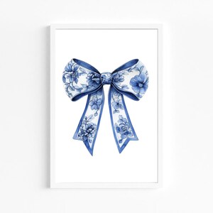 Blue Chinoiserie Wall Art, Blue Bow Wall Art, Nursery Print, Baby Girl Room Trendy ribbon Printable