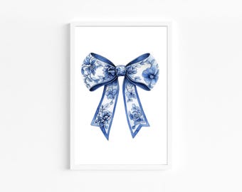 Arte de pared con chinoiserie azul, arte de pared con lazo azul, impresión para guardería, impresión con lazo de moda para habitación de niña