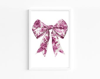 Arte de pared con chinoiserie rosa, arte de pared con lazo rosa, impresión para guardería, cinta de moda para habitación de niña imprimible