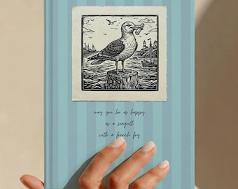 Gratitude Journal Hardcover Linocut Print Notebook, College Graduation Gift, Retirement Gift, New Job Gift, Lino Print, Seagull, Unisex Gift