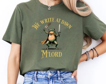 We Write at Dawn Funny Frog Shirt, Funny Writer Gift, Frog With Sword, English Teacher, Writer Shirt, Journal Shirt, Poetry, Writer Gifts
