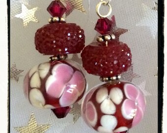 Cherry Blossoms Earrings -- Floral Lampwork Beads, Berry Pink Faceted Acrylic, Swarovski Crystals and Sterling Silver -- Handcrafted