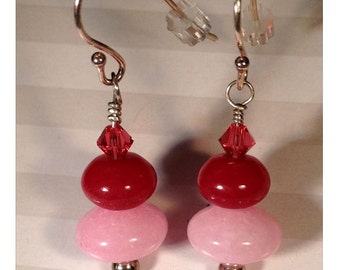 Cherries on Top -- Pink Jade, Red Jade, Hot Pink Swarovski Crystals with Sterling Silver Earrings