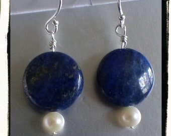 Genuine Lapis and Freshwater Pearl Sterling Silver Earrings -- Starry Night -- Gift Idea -- Treat Yourself -- Valentine's Day