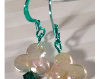 Luck of the Irish--Shamrock Pearls ColorSparx Earrings! Shiny Green Metal, Freshwater Pearls and Green Swarovski Crystals