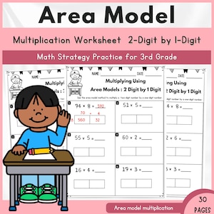 Area Model Multiplication Worksheet | 2-Digit by 1-Digit | Math Strategy Practice for 3rd Grade | Printable PDF | Homeschool Resource