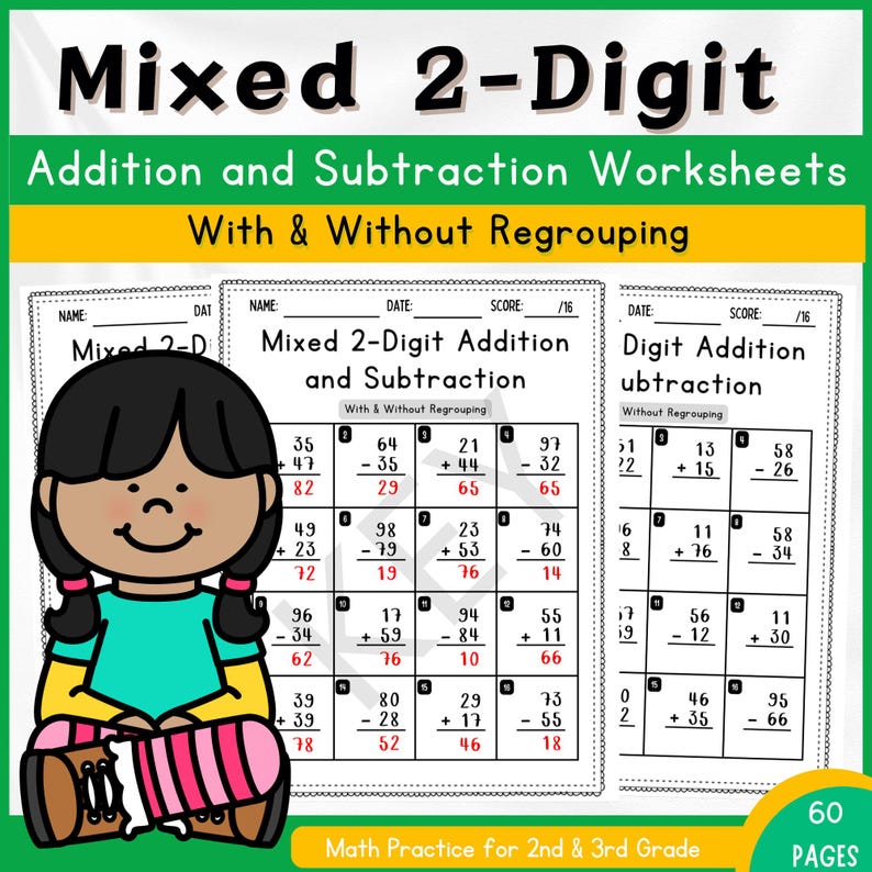Mixed 2-Digit Addition and Subtraction Worksheet | With and Without Regrouping | Math Practice for 2nd & 3rd Grade | Digital Download