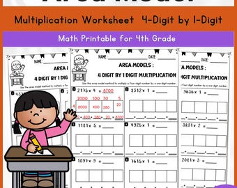 Area Model Multiplication Worksheet | 4-Digit by 1-Digit | Math Printable for 4th Grade | Common Core Aligned | Digital Download PDF