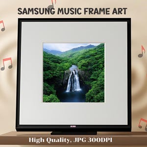 May include: A black picture frame with a white mat and a photograph of a waterfall in a lush green forest. The text "High Quality, JPG 300DPI" is printed below the frame.