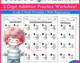 Hoja de trabajo de suma de dos dígitos con reagrupación / Práctica de matemáticas de 2.º grado / PDF imprimible / Suma vertical