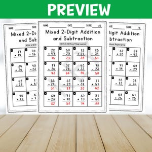 May include: Black and white printable worksheet with math problems for two-digit addition and subtraction. The worksheet is divided into three sections: Mixed 2-Digit Addition and Subtraction with and without regrouping, Mixed 2-Digit Addition and Subtraction with regrouping, and Digit Addition and Subtraction without regrouping.