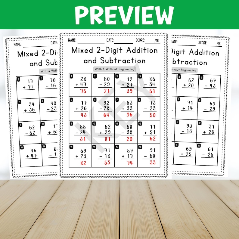 May include: Black and white printable worksheet with math problems for two-digit addition and subtraction. The worksheet is divided into three sections: Mixed 2-Digit Addition and Subtraction with and without regrouping, Mixed 2-Digit Addition and Subtraction with regrouping, and Digit Addition and Subtraction without regrouping.