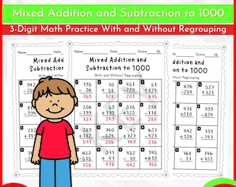 Mixed Addition and Subtraction to 1000 Worksheet | With and Without Regrouping | 3rd Grade Math Printable | Digital Download PDF