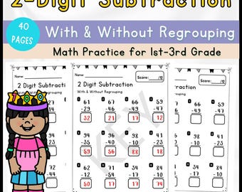 2-Digit Subtraction Worksheet | With - Without Regrouping | Math Printable for 1st, 2nd & 3rd Grade | Digital Download  | Homeschool