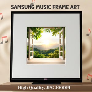 May include: A black picture frame with a white mat and a window view image. The image shows a window with green trees and a mountain range in the distance. The sun is shining through the trees. The text "High Quality, JPG 300DPI" is below the frame.