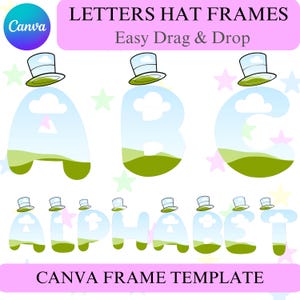Op de afbeelding: Een digitaal ontwerp met de letters A, B en C, en het woord ALPHABET. Elke letter heeft een landschapsscène binnenin en een hoge hoed erop. Het ontwerp bevat de tekst "LETTERS HAT FRAMES" en "Easy Drag & Drop".