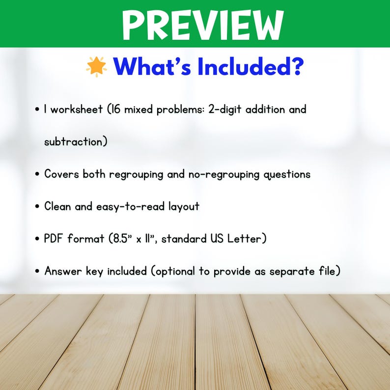 May include: A preview of a printable worksheet for 2-digit addition and subtraction. The worksheet includes 16 mixed problems, covering both regrouping and no-regrouping questions. It is in PDF format, 8.5 inches by 11 inches, and includes an answer key.