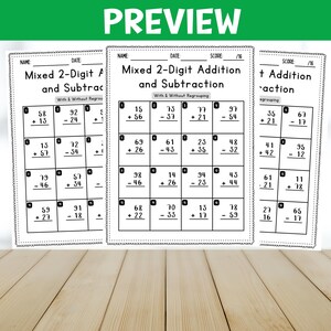 May include: A printable worksheet with three sections for practicing 2-digit addition and subtraction with and without regrouping. The worksheet includes a total of 18 math problems.