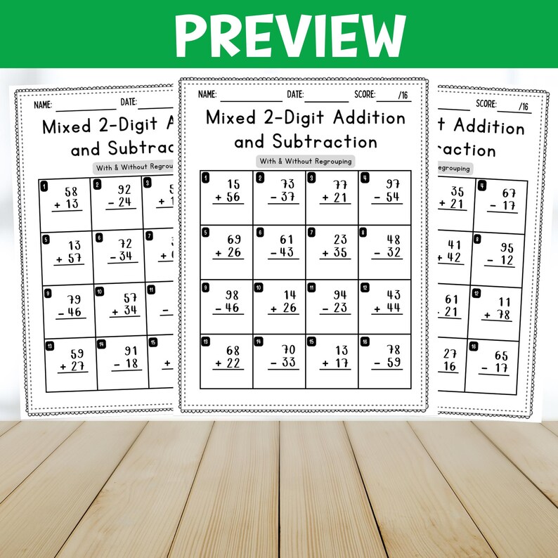 May include: A printable worksheet with three sections for practicing 2-digit addition and subtraction with and without regrouping. The worksheet includes a total of 18 math problems.