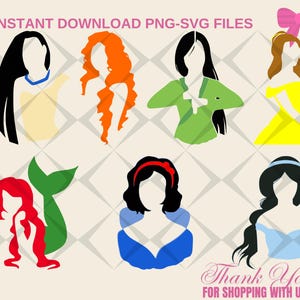 Alle prinses PNG SVG, prinses pngsvg bundel, prinses clipart, Assepoester, ariel, aurora png, Sneeuwwitje png svg