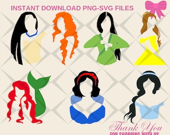 Wszystkie księżniczki PNG SVG, Pakiet księżniczki pngsvg, Clipart księżniczki, Kopciuszek, ariel, aurora png, Królewna Śnieżka png svg