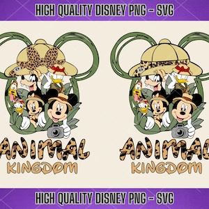 May include: A digital design featuring Mickey Mouse and friends in safari hats and animal print. The design says "Animal Kingdom" in a brown and leopard print font.