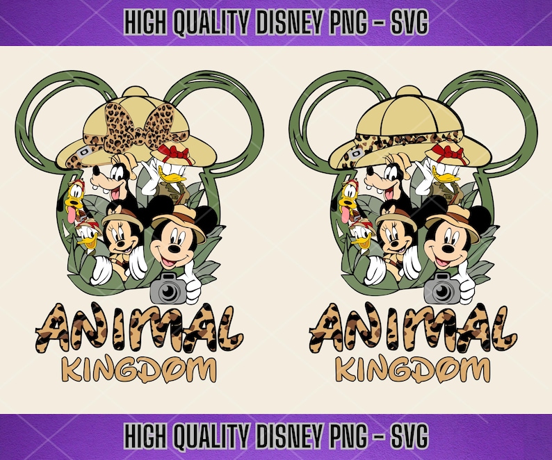 May include: A digital design featuring Mickey Mouse and friends in safari hats and animal print. The design says "Animal Kingdom" in a brown and leopard print font.