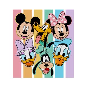May include: A vibrant graphic showcasing the faces of Mickey Mouse, Minnie Mouse, Pluto, Donald Duck, Daisy Duck, and Goofy. The characters are set against a striped background with pastel colours, including pink, yellow, and blue.