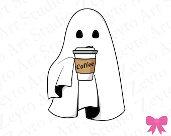Cute Ghost Drinking Coffee PNG SVG | Spooky Halloween Clipart | Funny Coffee Lover Digital Download | T-Shirt Mug Sticker Design Instant