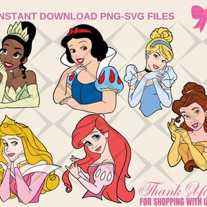 Klassische Prinzessinen Clipart-Set Png, Prinzessin geschnitten Dateien für Cricut / Silhouette, Märchenprinzessin Png, sofortiger Download, Disney Png SVG