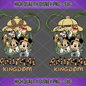 May include: A digital design featuring Mickey Mouse and friends in safari hats and animal print clothing. The text "Animal Kingdom" is written in a brown and black leopard print font.