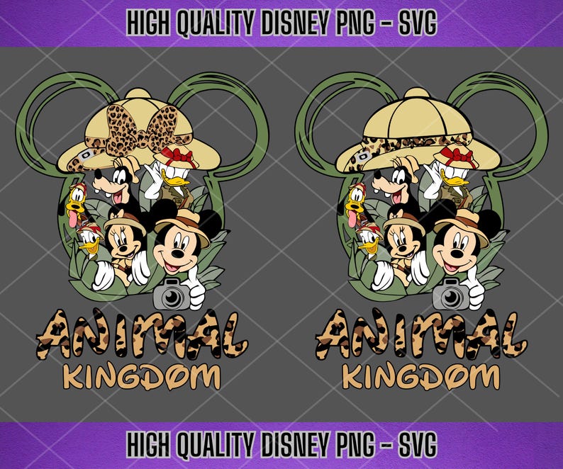 May include: A digital design featuring Mickey Mouse and friends in safari hats and animal print clothing. The text "Animal Kingdom" is written in a brown and black leopard print font.