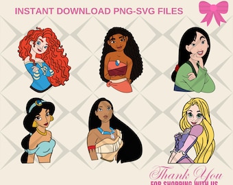 May include: Digital illustrations of six Disney princesses: Merida with red hair, Moana with long black hair, Mulan with black hair, Jasmine with blue clothing, Pocahontas with long black hair, and Rapunzel with long blonde hair.