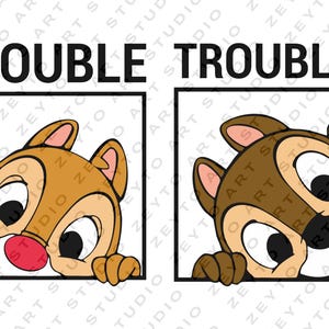 以下が含まれることがあります： 2匹の漫画のシマリスが角から顔をのぞかせており、その上に「DOUBLE TROUBLE」という文字が書かれています。
